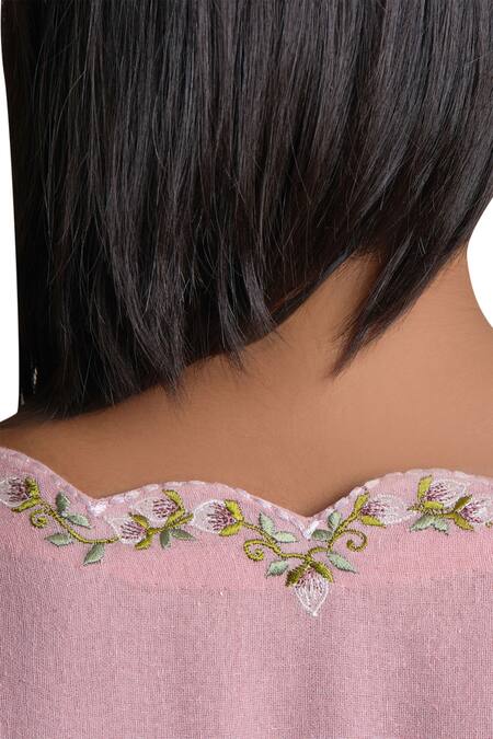 Shop Sue Mue Pink Organza, Handloom Cotton, Jute V Neck Embroidered Kurta Set Online at Aza Fashions Shop_Sue Mue_Pink Organza, Handloom Cotton, Jute V Neck Embroidered Kurta Set _Online_at_Aza_Fashions