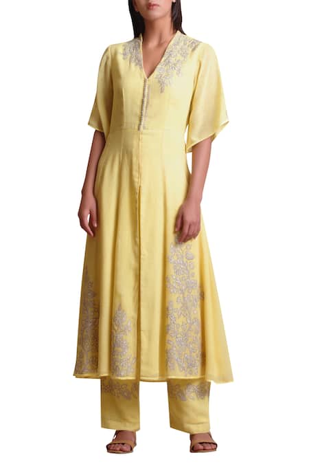 Sue Mue Yellow Jute V Neck Embroidered Anarkali Set