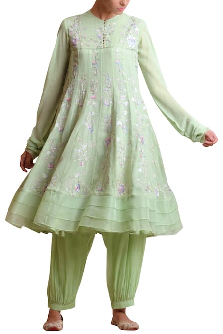 Sue Mue Green Handloom Cotton, Jute Round Embroidered Anarkali Set