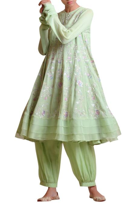 Sue Mue Green Handloom Cotton, Jute Round Embroidered Anarkali Set Online at Aza Fashions Sue Mue_Green Handloom Cotton, Jute Round Embroidered Anarkali Set _Online_at_Aza_Fashions