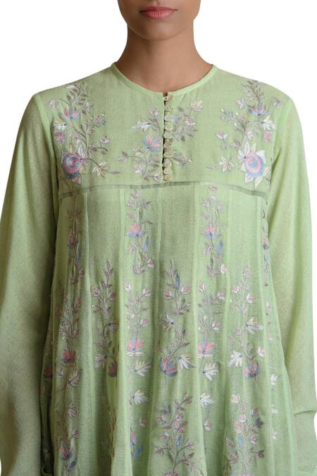 Shop Sue Mue Green Handloom Cotton, Jute Round Embroidered Anarkali Set Online at Aza Fashions Shop_Sue Mue_Green Handloom Cotton, Jute Round Embroidered Anarkali Set _Online_at_Aza_Fashions