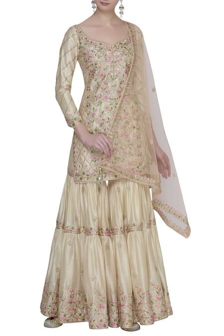 Tamanna Punjabi Kapoor Beige Hand Embroidered Kurta Sharara Set