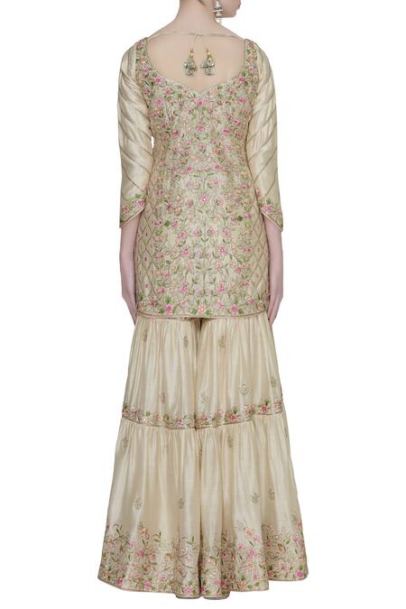 Shop Tamanna Punjabi Kapoor Beige Hand Embroidered Kurta Sharara Set at Aza Fashions Shop_Tamanna Punjabi Kapoor_Beige Hand Embroidered Kurta Sharara Set_at_Aza_Fashions