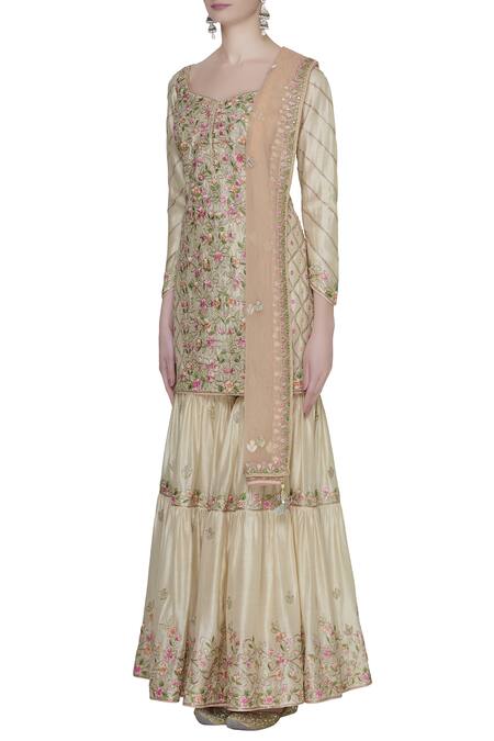 Tamanna Punjabi Kapoor Beige Hand Embroidered Kurta Sharara Set Online at Aza Fashions Tamanna Punjabi Kapoor_Beige Hand Embroidered Kurta Sharara Set_Online_at_Aza_Fashions