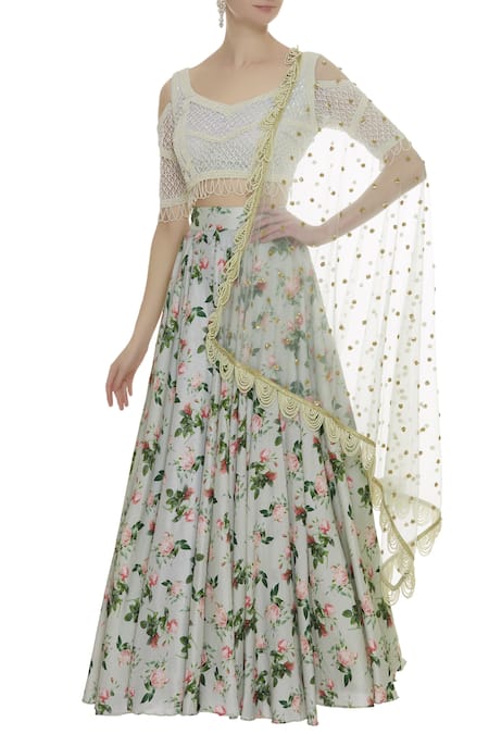 Neha Mehta Couture White Leaf Neck Embroidered Lehenga Set 