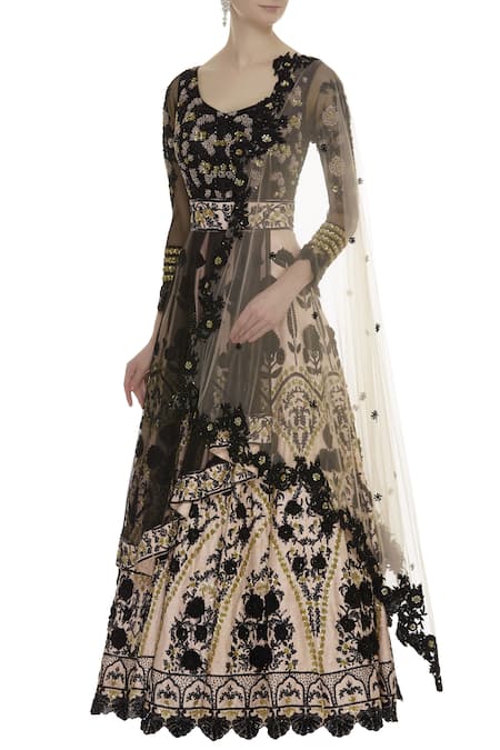 Neha Mehta Couture Black Leaf Neck Floral Embroidered Anarkali Set 