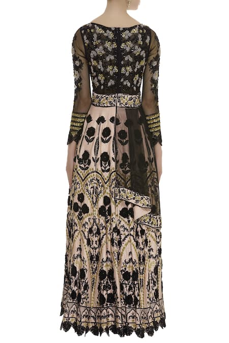 Shop Neha Mehta Couture Black Leaf Neck Floral Embroidered Anarkali Set at Aza Fashions Shop_Neha Mehta Couture_Black Leaf Neck Floral Embroidered Anarkali Set _at_Aza_Fashions