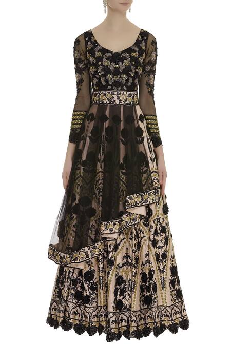 Neha Mehta Couture Black Leaf Neck Floral Embroidered Anarkali Set Online at Aza Fashions Neha Mehta Couture_Black Leaf Neck Floral Embroidered Anarkali Set _Online_at_Aza_Fashions