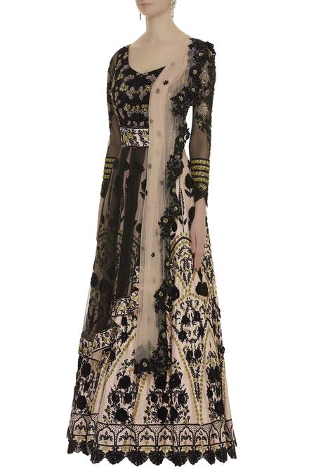 Shop Neha Mehta Couture Black Leaf Neck Floral Embroidered Anarkali Set Online at Aza Fashions Shop_Neha Mehta Couture_Black Leaf Neck Floral Embroidered Anarkali Set _Online_at_Aza_Fashions