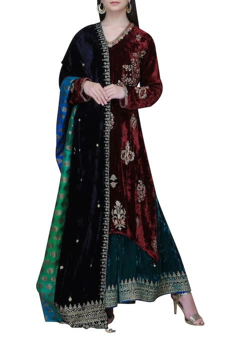 Anju & Harleen Wine Embroidered Kurta Set