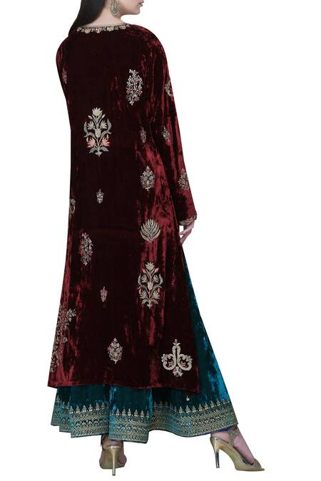 Shop Anju & Harleen Wine Embroidered Kurta Set at Aza Fashions Shop_Anju & Harleen_Wine Embroidered Kurta Set_at_Aza_Fashions