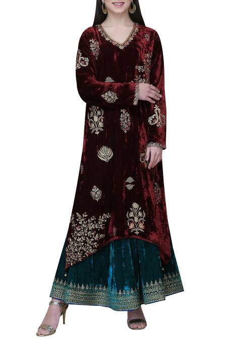 Anju & Harleen Wine Embroidered Kurta Set Online at Aza Fashions Anju & Harleen_Wine Embroidered Kurta Set_Online_at_Aza_Fashions