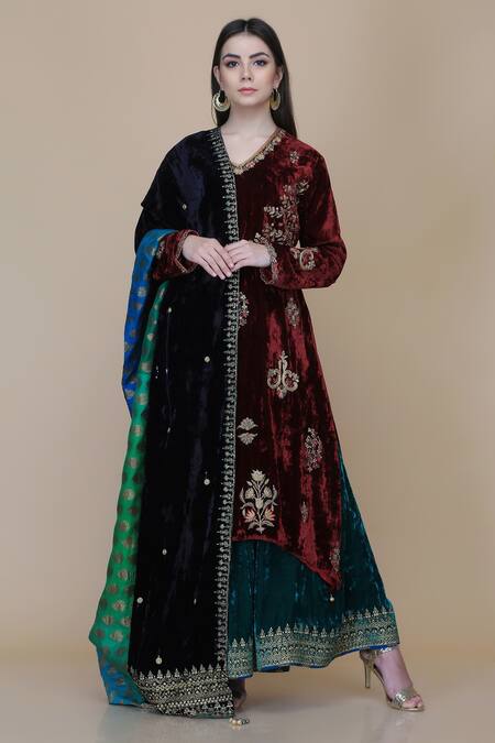 Buy Anju & Harleen Wine Embroidered Kurta Set Online at Aza Fashions Buy_Anju & Harleen_Wine Embroidered Kurta Set_Online_at_Aza_Fashions