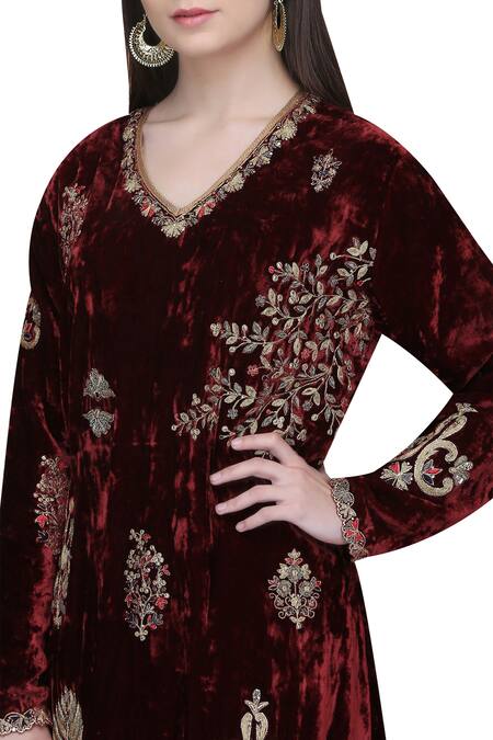 Shop Anju & Harleen Wine Embroidered Kurta Set Online at Aza Fashions Shop_Anju & Harleen_Wine Embroidered Kurta Set_Online_at_Aza_Fashions