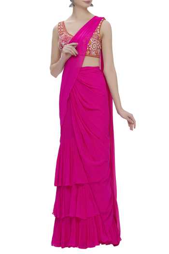Buy Arpita Mehta Pink Raw Silk Pre-draped Saree With Embroidered Blouse at Aza Fashions Buy_Arpita Mehta_Pink Raw Silk Pre-draped Saree With Embroidered Blouse_at_Aza_Fashions