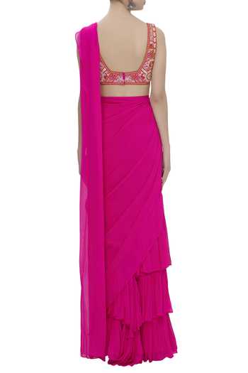 Shop Arpita Mehta Pink Raw Silk Pre-draped Saree With Embroidered Blouse at Aza Fashions Shop_Arpita Mehta_Pink Raw Silk Pre-draped Saree With Embroidered Blouse_at_Aza_Fashions