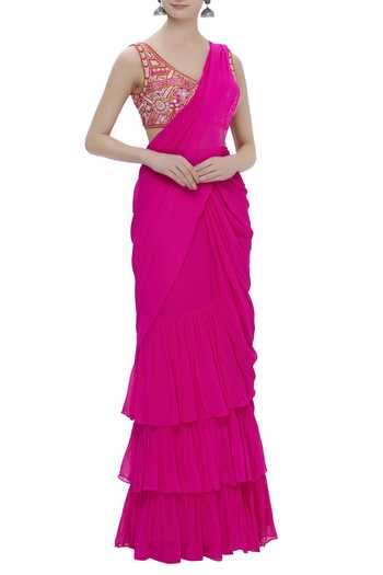 Arpita Mehta Pink Raw Silk Pre-draped Saree With Embroidered Blouse Online at Aza Fashions Arpita Mehta_Pink Raw Silk Pre-draped Saree With Embroidered Blouse_Online_at_Aza_Fashions