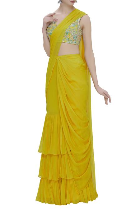 Arpita Mehta Yellow Raw Silk Pre-draped Saree With Embroidered Blouse