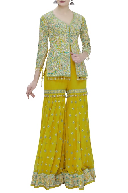 Arpita Mehta Yellow Georgette Embroidered Jacket Style Kurta Sharara Set