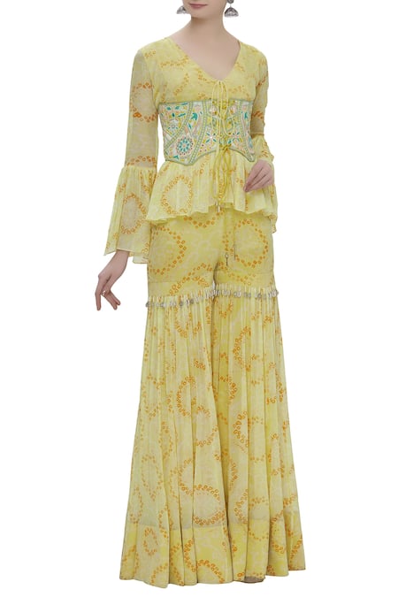 Arpita Mehta Yellow Georgette Bandhani Kurta Sharara Set And Belt