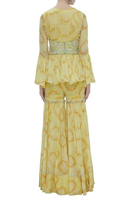 Shop_Arpita Mehta_Yellow Georgette Bandhani Kurta Sharara Set And Belt_at_Aza_Fashions