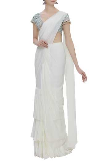 Arpita Mehta_Cream Raw Silk Georgette Pre-pleated Skirt Saree_Online_at_Aza_Fashions