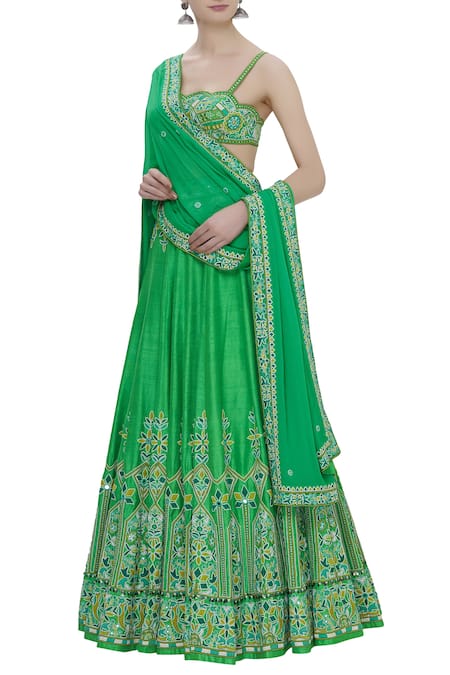 Arpita Mehta Green Raw Silk Embroidered Lehenga Set