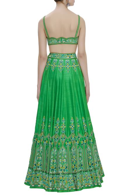 Shop_Arpita Mehta_Green Raw Silk Embroidered Lehenga Set_at_Aza_Fashions