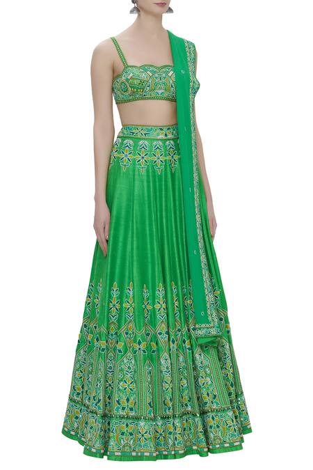 Arpita Mehta_Green Raw Silk Embroidered Lehenga Set_Online_at_Aza_Fashions
