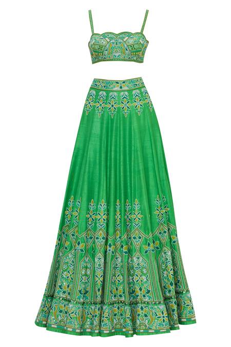 Buy_Arpita Mehta_Green Raw Silk Embroidered Lehenga Set_Online_at_Aza_Fashions