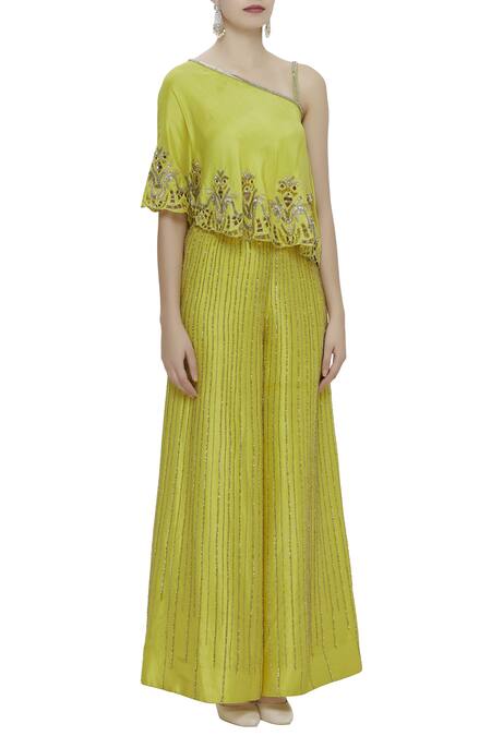 Maison Blu_Green Silk One Shoulder Cape With Pants_Online_at_Aza_Fashions