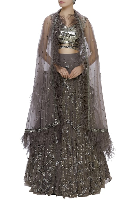 Maison Blu Grey Net V Neck Embellished Lehenga Set 