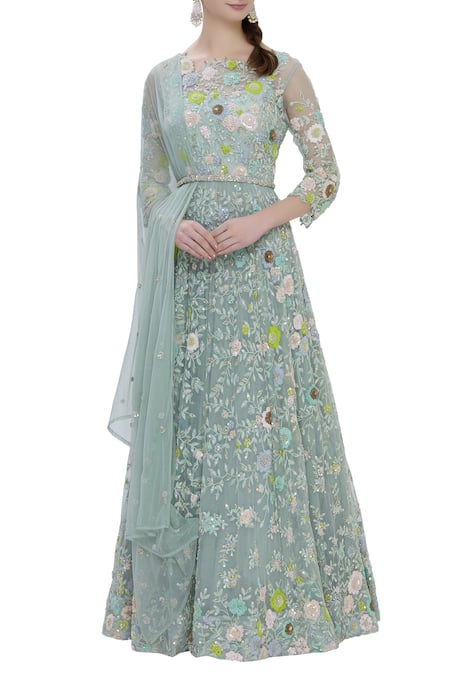 Garo Green Organza Kurta Round Neckline Embroidered Anarkali Set  