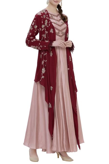 Garo Maroon Embroidered Kurta Jacket Set 