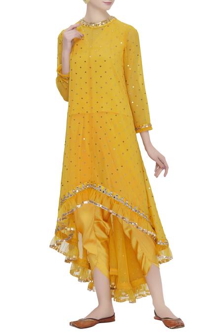 Vvani By Vani Vats Yellow Georgette High Low Kurta Dhoti Pant Set