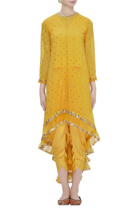 Vvani By Vani Vats_Yellow Georgette High Low Kurta Dhoti Pant Set_Online_at_Aza_Fashions