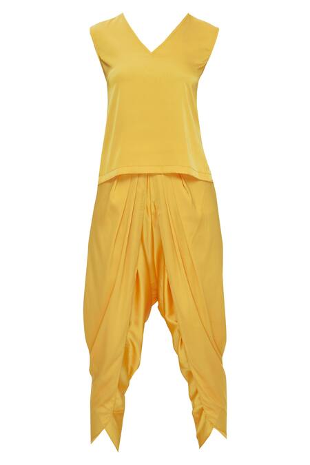 Buy_Vvani By Vani Vats_Yellow Georgette High Low Kurta Dhoti Pant Set_Online_at_Aza_Fashions