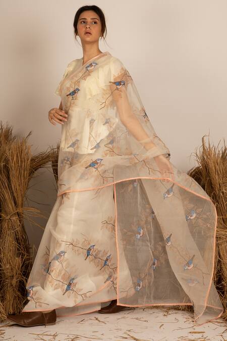 Shop_Nakita Singh_White Embroidered Saree_at_Aza_Fashions