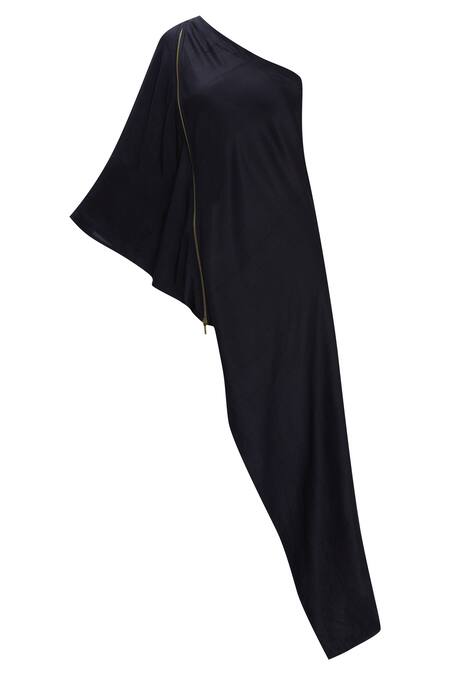 Buy_Ezra_Black Dupion Silk One Shoulder Tunic_Online_at_Aza_Fashions