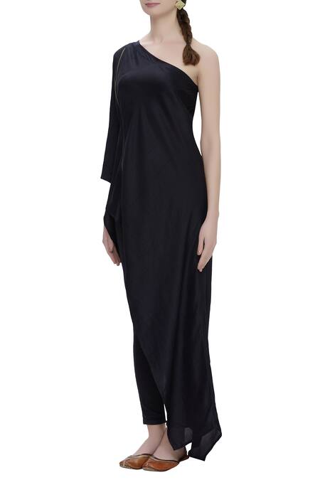 Shop_Ezra_Black Dupion Silk One Shoulder Tunic_Online_at_Aza_Fashions