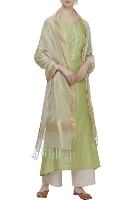 MATSYA Green Linen Embroidered Kurta Set