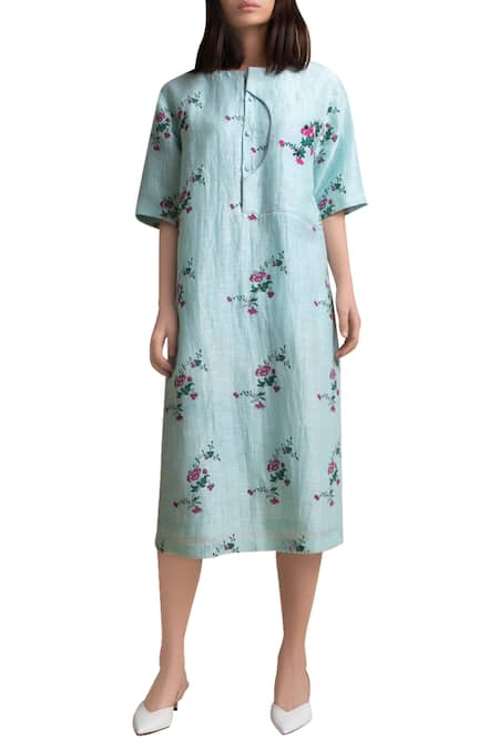 Kanelle Blue Handloom Linen Embroidered Dress