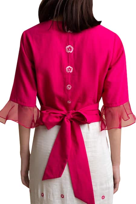 Shop_Kanelle_Pink Handloom Cotton Saree Blouse_at_Aza_Fashions