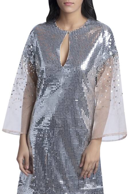 Mxs_Silver Embroidered Kaftan Dress_Online_at_Aza_Fashions