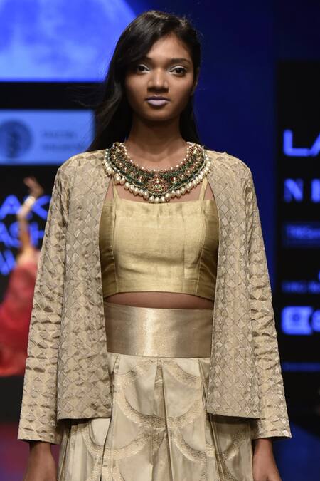 Shop_Sailesh Singhania_Gold Handwoven Lehenga, Checkered Jacket And Bustier_at_Aza_Fashions