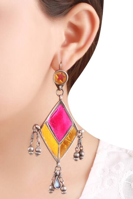 Shop_Sangeeta Boochra_Yellow Beads Multicolor Metal Dangler Earrings _at_Aza_Fashions