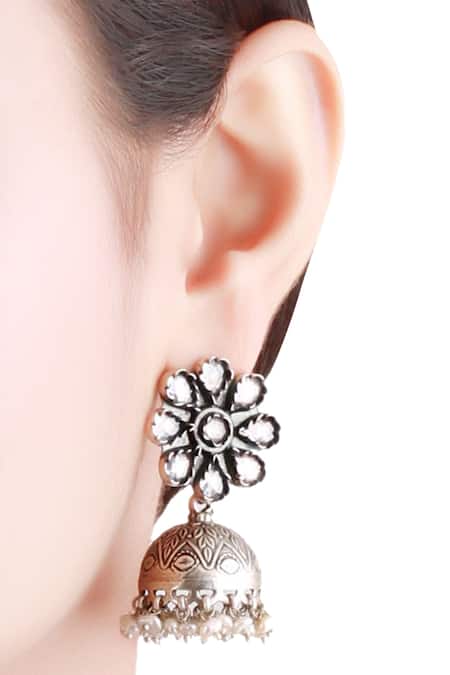 Shop Sangeeta Boochra Gold Plated Carved Beaded Jhumkas at Aza Fashions Shop_Sangeeta Boochra_Gold Plated Carved Beaded Jhumkas _at_Aza_Fashions