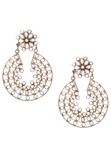 Sangeeta Boochra Silver Plated Stones, Metallic Thread Floral Motif Danglers 