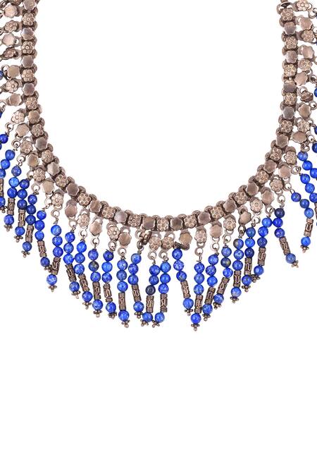 Sangeeta Boochra_Silver Plated Metal Bead Fringe Necklace_Online_at_Aza_Fashions