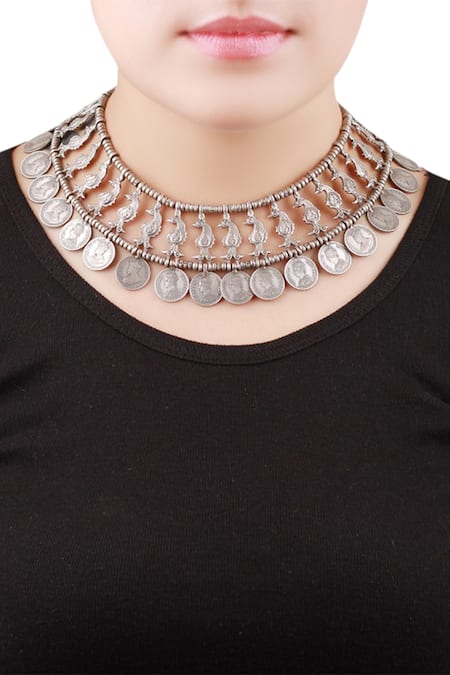 Shop_Sangeeta Boochra_Silver Plated Oxidized Coin Choker Necklace _at_Aza_Fashions